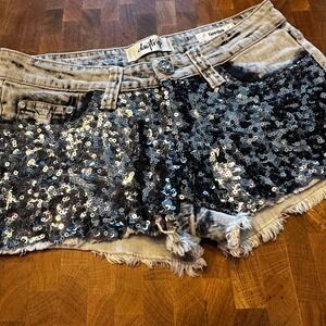 Daytrip Capricorn Acid Wash Sequin Denim Shorts Gray Black Distressed Size 27